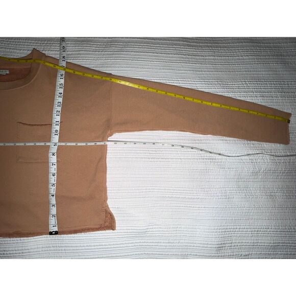 Aerie Terry Cloth Cropped Crew Neck Sweatshirt XS Tan Brown Pocket Pullover - Picture 3 of 7